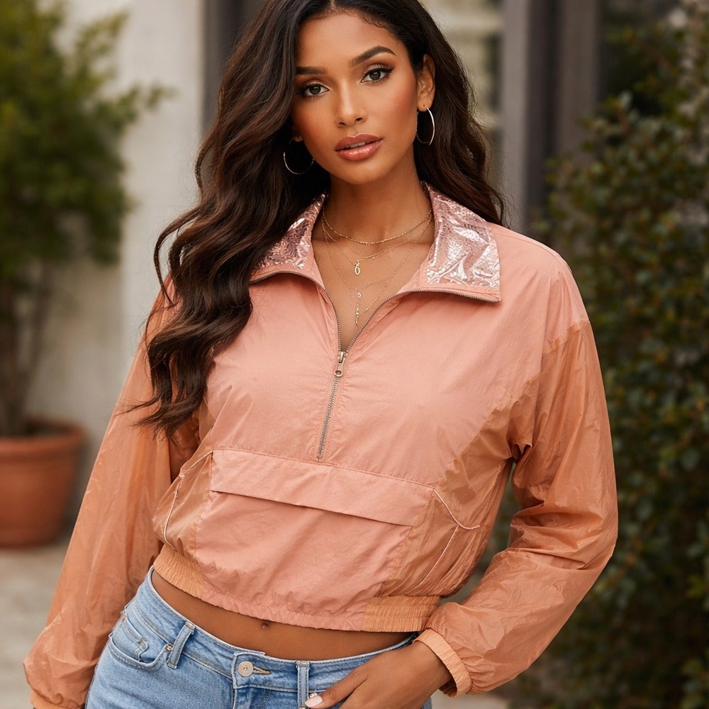 Free People Movement Windbreaker Jacket‎ Womens Small Peach Cropped Lightweight